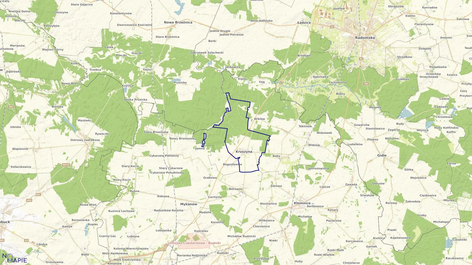 Mapa obrębu Kruszyna w gminie Kruszyna